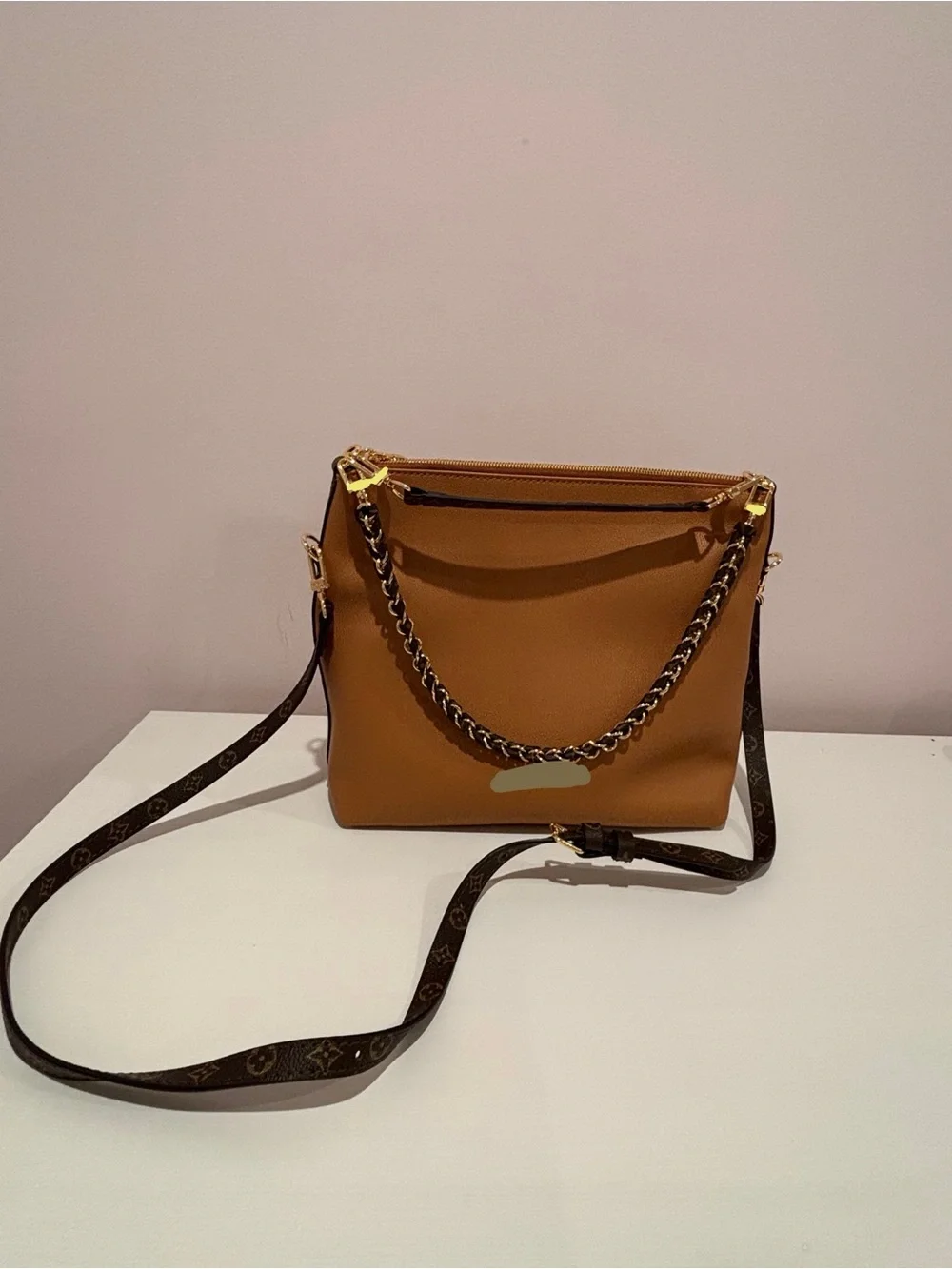 Chain-Accent Crossbody Bag in Tan